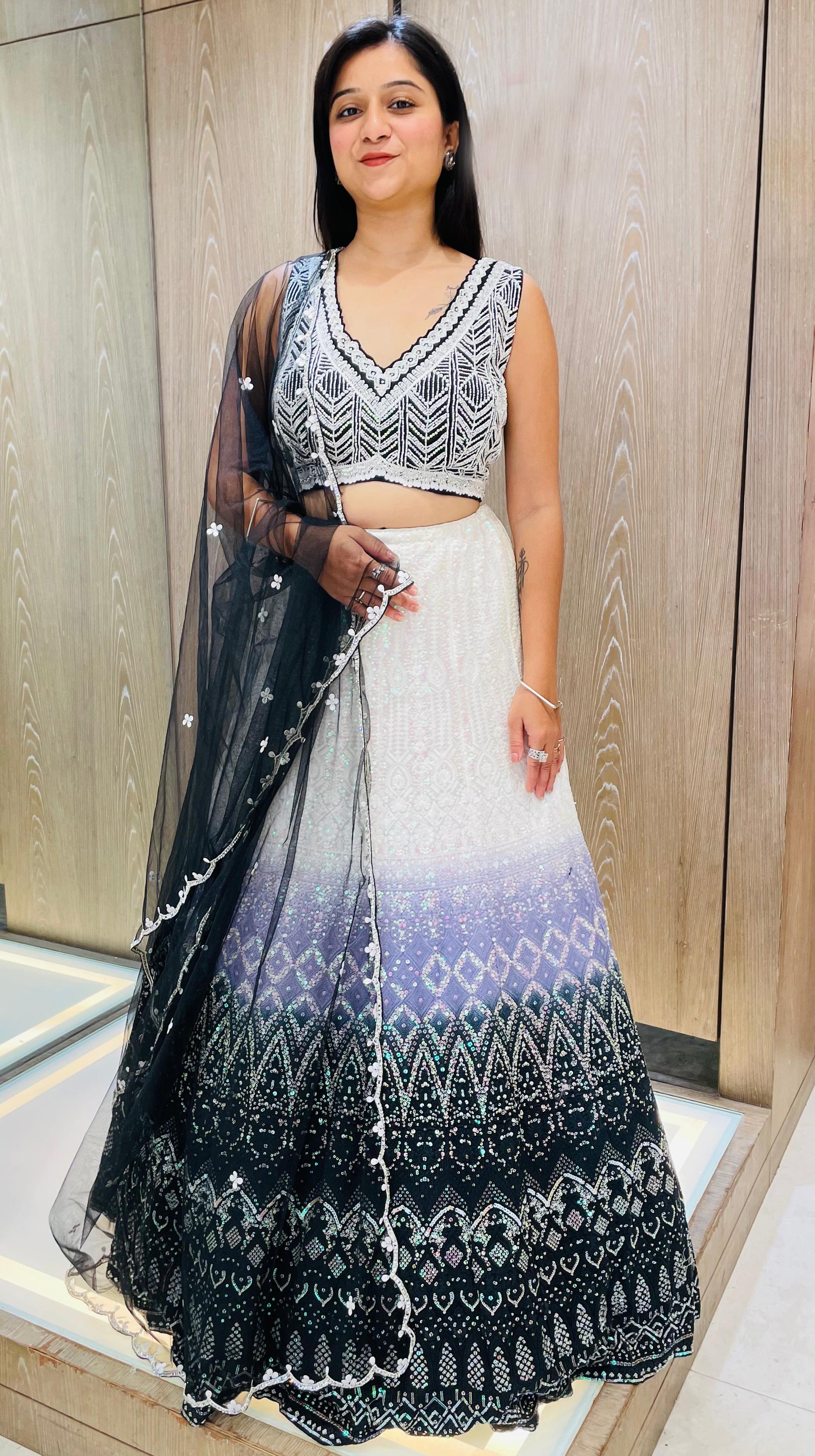 Off White And Black Color Georgette Sequins Work Lehenga Choli